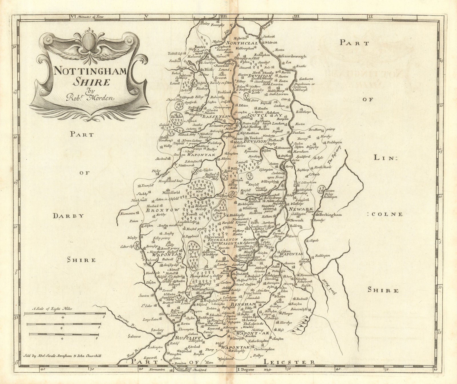 NOTTINGHAMSHIRE from Camden's Britannia by ROBERT MORDEN 1695 old antique map